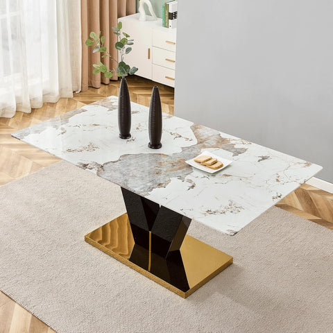 Marble Dining Table,Modern Dining Room Table with Golden Stainless Steel Base,Marble Kitchen Table for 8 People,71''
