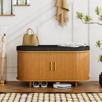 2-Tier Storage Bench, Wide Shoe Bench with Thickened Padded Seat Cushion, Mid Century Modern Fluted Sliding Door and