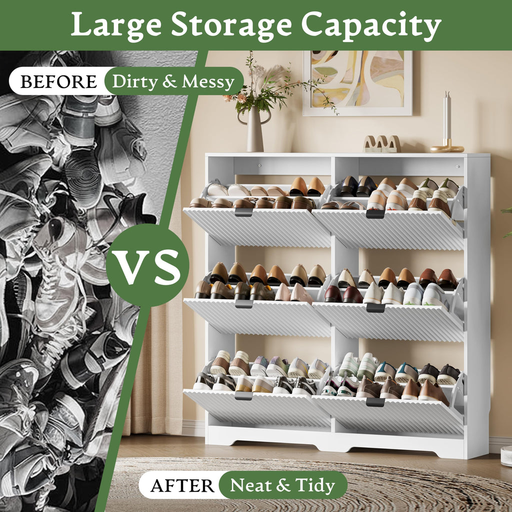Shoe Storage Cabinet with 6 Flip Drawers, Hidden Slim Wood Shoe Organizer with Modern Fluted Panel, Freestanding