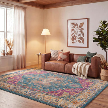 Madison Collection Area Rug - 10' x 14', Blue & Multi, Boho Chic Medallion Distressed Design, Non-Shedding & Easy