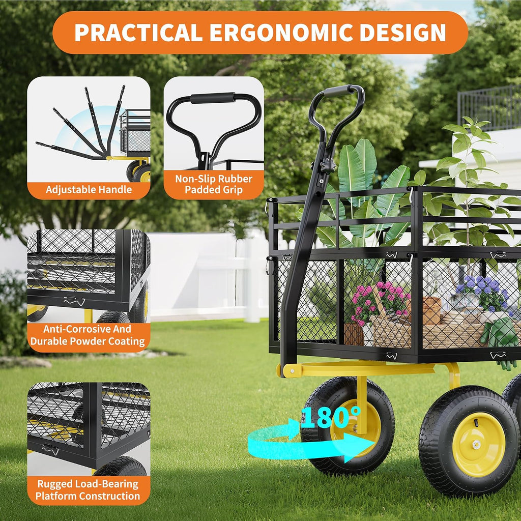 3-in-1 Heavy-Duty Steel Garden Cart, 1400 Lbs Garden Wagon, with 13 Inch All-Terrain Tires and Removable Mesh Side