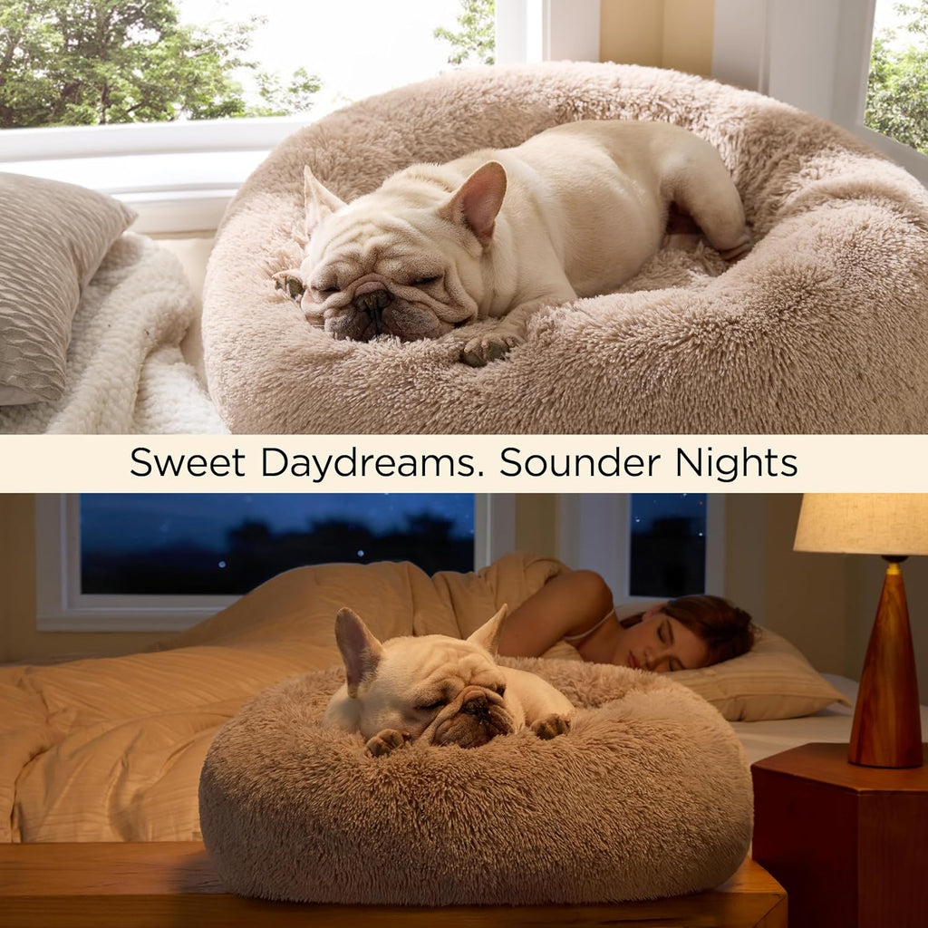 Calming Cat Beds Donut Round Washable Kitten Bed, 20 inches Camel