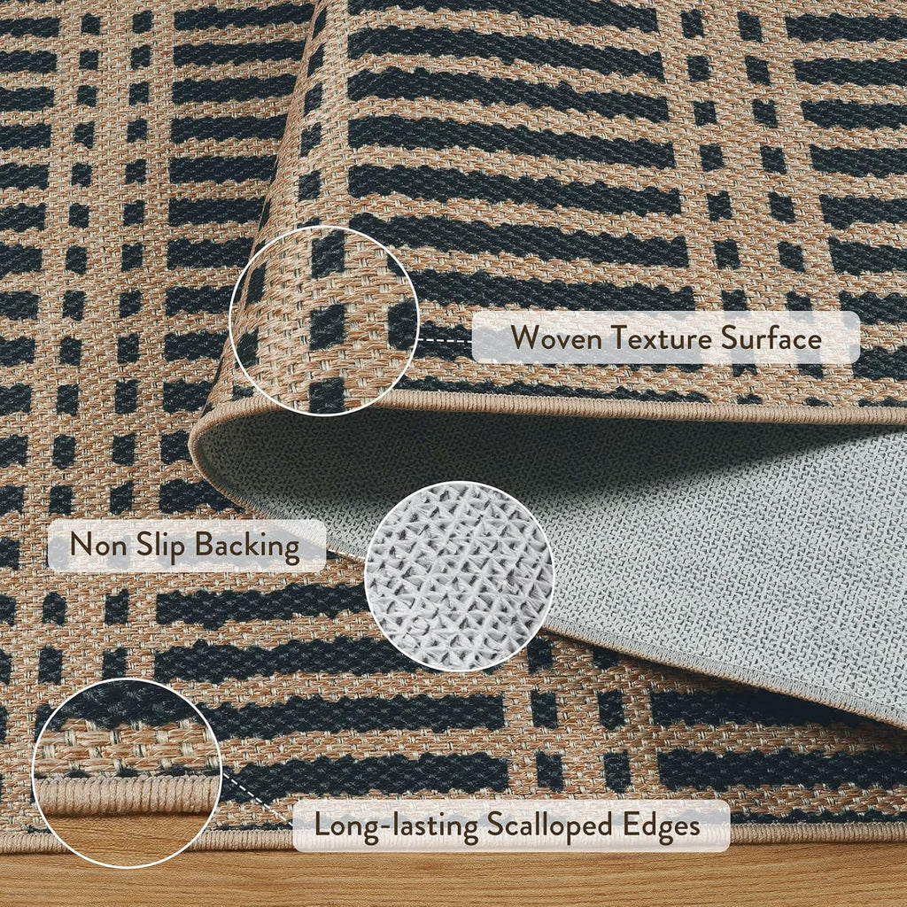 Striped Easy Jute Outdoor Rug, Black Washable Rugs Living Room, Indoor Outdoor Non Slip Area Rug, Farmhouse