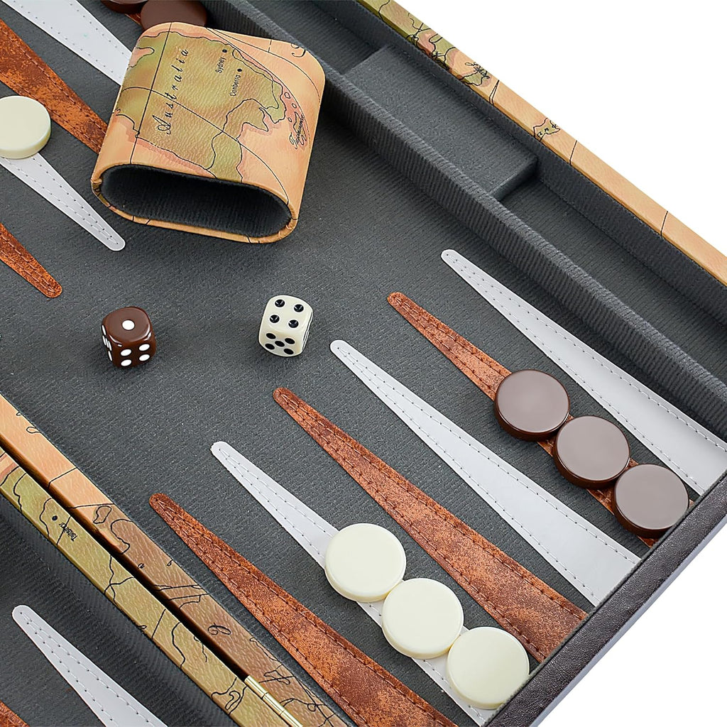 Backgammon, Backgammon Sets for Adults, 15" Leather Travel Backgammon Sets - Classic Board Game (World Map Design)