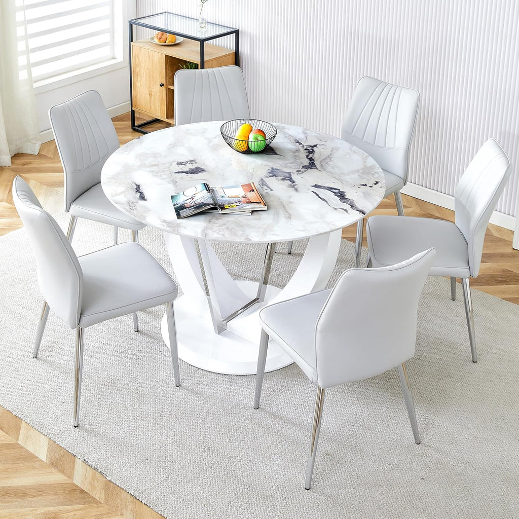 47" Round Dining Table for 4-6, White Faux Marble Kitchen Table with Wood Pedestal, Modern Circle Dinner Tables for
