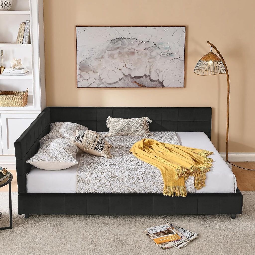 Queen Size Upholstered Corner Daybed, Modern L-Shaped Daybed with Tufted Backrest, Velvet Corner Bed Floor Bed Frame