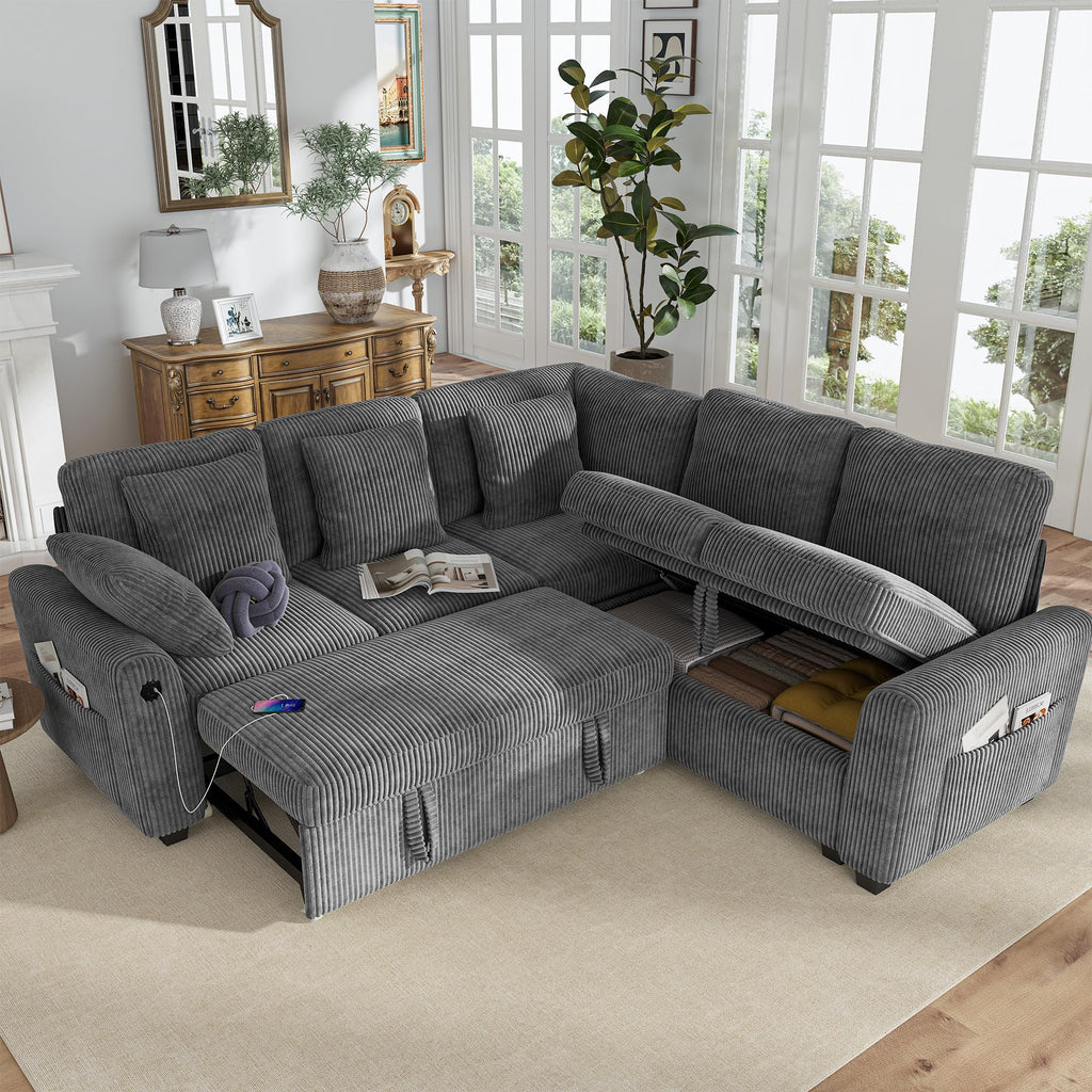 Sectional Sofa with Pull Out Couch Bed, 5 Seats Corduroy Sleeper Sofa with 2 Seat Storage & USB Charging, Comfy L