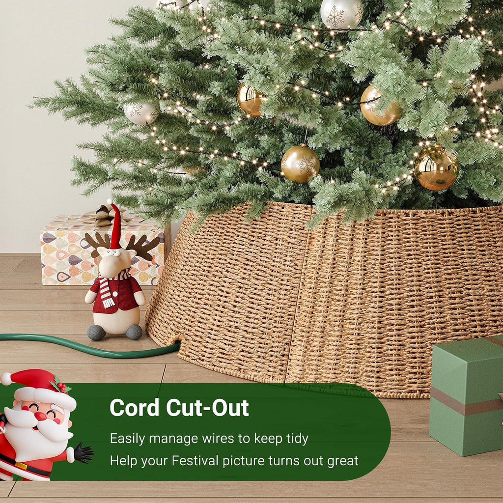 28" Christmas Tree Collar, Woven Paper Rope Xmas Tree Skirt, Rustic | Rustic Farmhouse Tree Base Cover with Cord