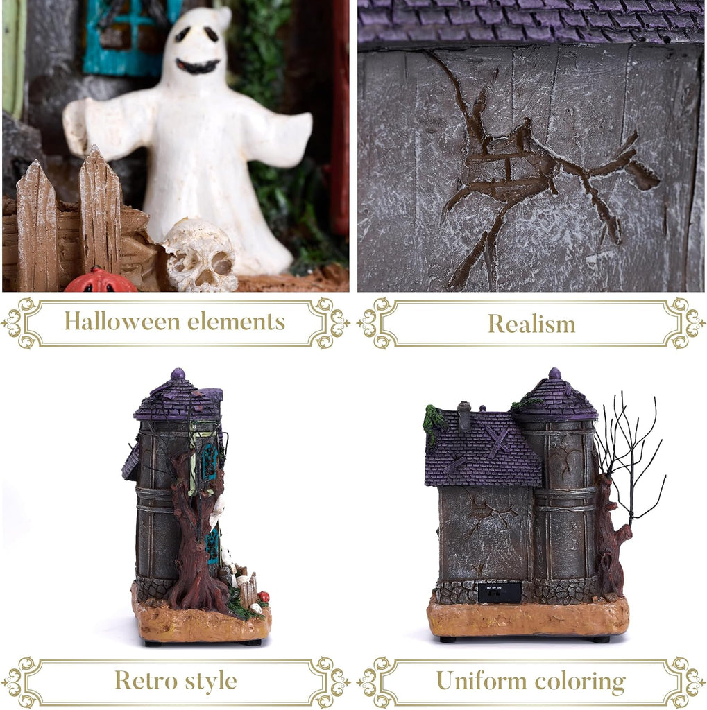 Halloween Decorations, Lighted Halloween Village Houses with Music and LED Lights, Resin Spooky Town Mummy's Haunted