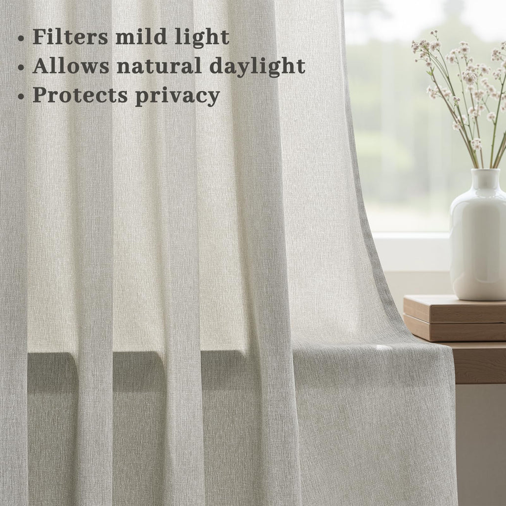 Grey Beige Pinch Pleated Linen Curtains 102 Inches Long 2 Panels