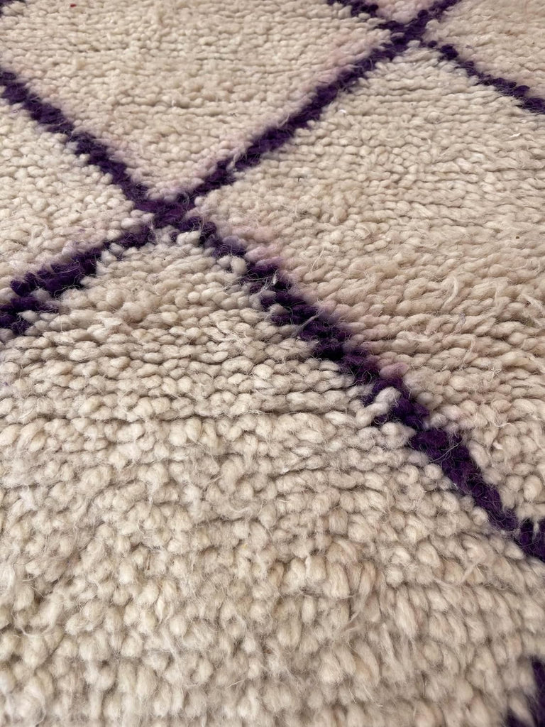 Handmade Moroccan Berber Area Rug, 100% Wool High Pile Shag, Beni Ourain Style, Ivory/Cream with Purple