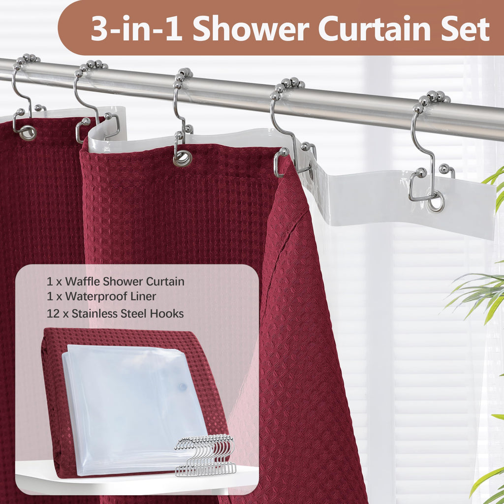 All-in-One Shower Curtain Set Enhanced 3D Waffle Fabric Shower Curtain with PEVA Waterproof Liner & 12 Upgraded