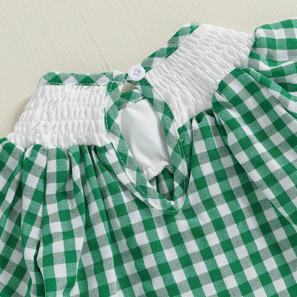 Baby Girl Smocked Romper Plaid Long Sleeve Crew Neck Embroidery Pattern Bubble Onesie Bodysuit Cute Newborn Clothes