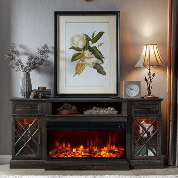 Farmhouse TV Stand with Fireplace, 70'' Entertainment Center Stand with 36" 3-Sided Glass Electric Fireplace for TVs