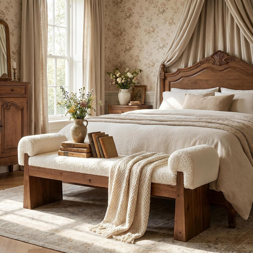 Solid Wood Cushioned Bench, Upholstered Entryway Bench | Bedroom Ottoman Bench for Bed End, Padded Bench, Farmhouse