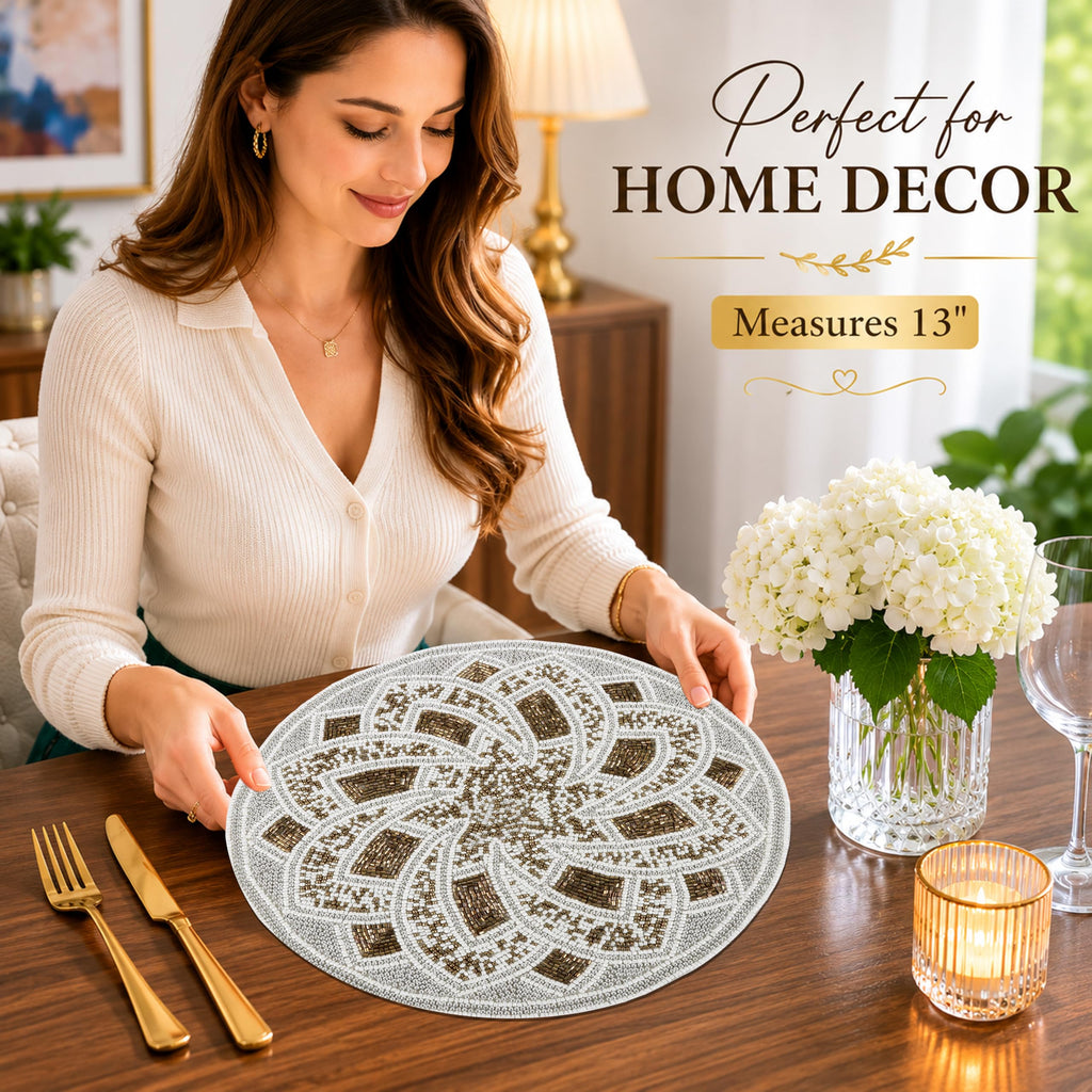 Round Glass Beaded Placemat, 13 Inch, Silver Brown
