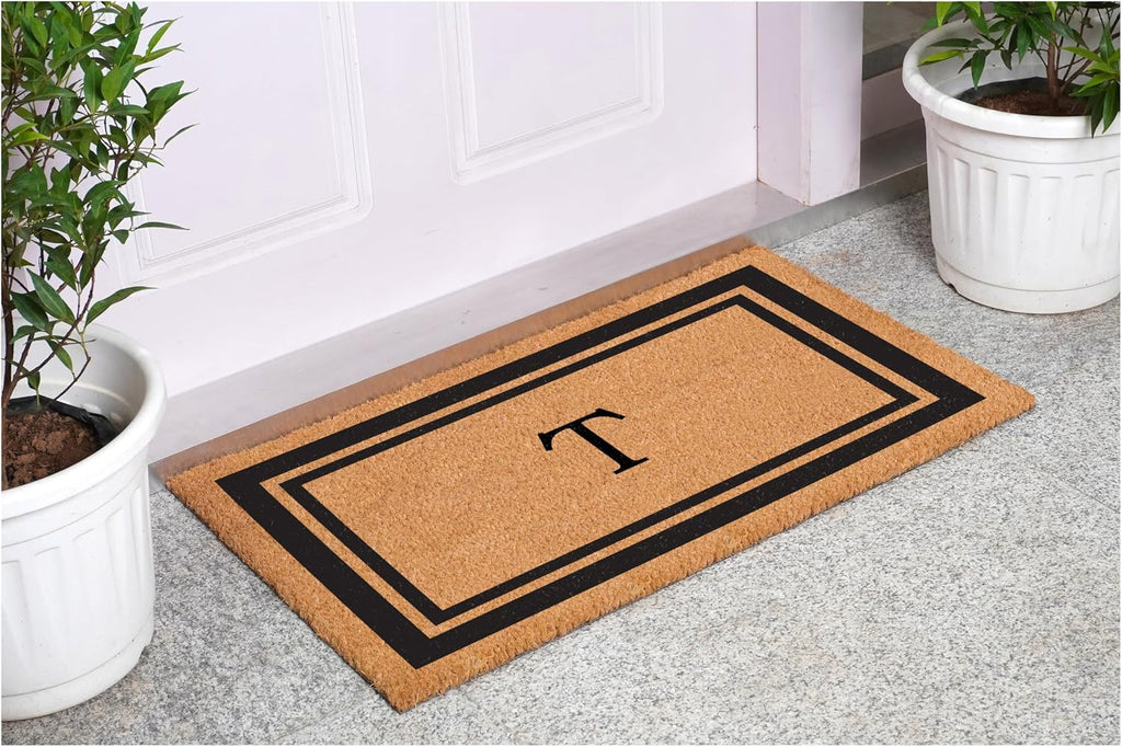 152961830T Black Border 18" x 30" Monogram Doormat, (Letter T)