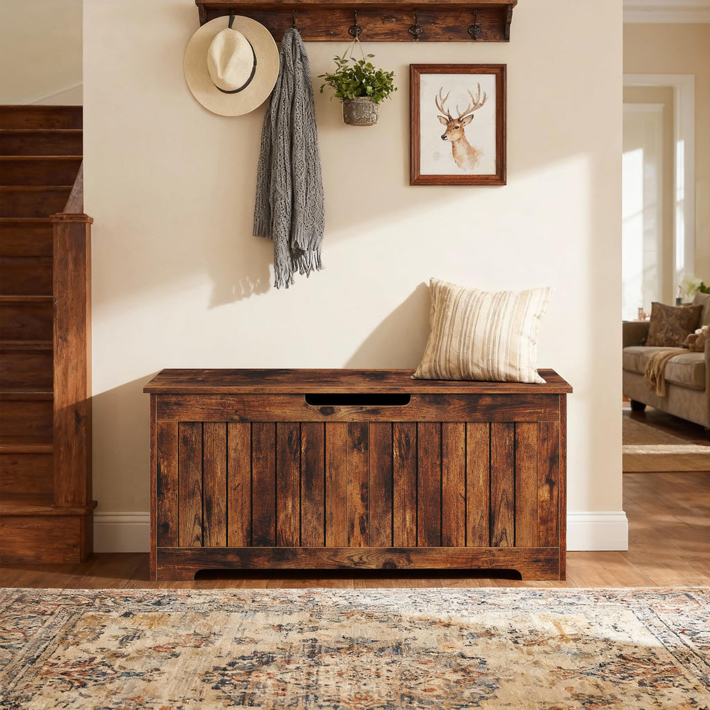 Storage Chest, Lift Top Storage Trunk, Entryway Shoe Bench, Wooden Storage Bench with 2 Safety Hinges (Rustic Brown