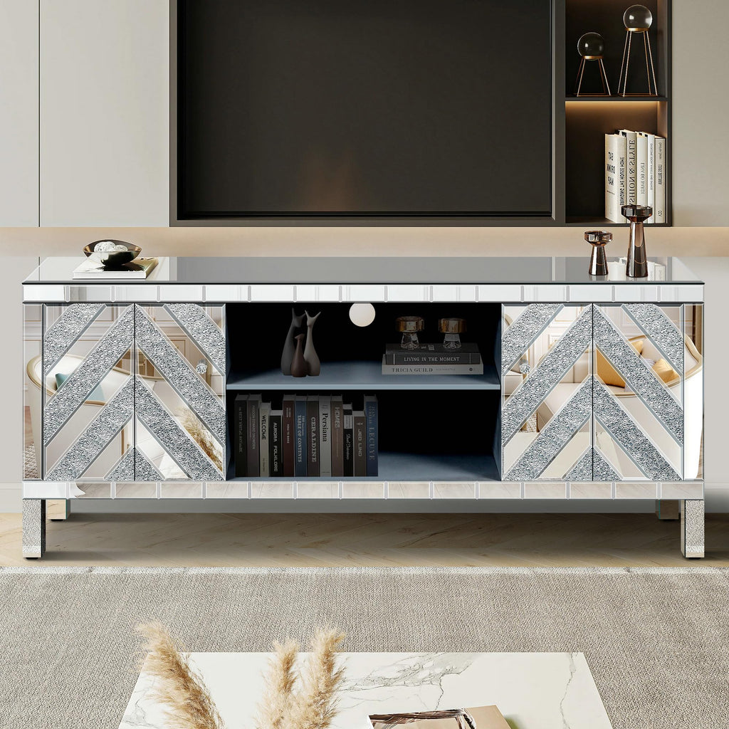 Mirrored TV Stand with Open Storage & 2 Cabinets, for 65+ Inch TV