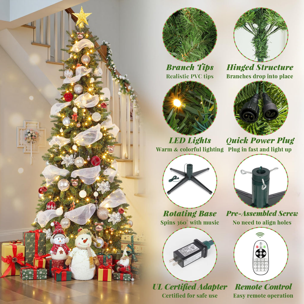 7.5FT Prelit Slim Pencil Rotating Christmas Tree with Lights Remote Control