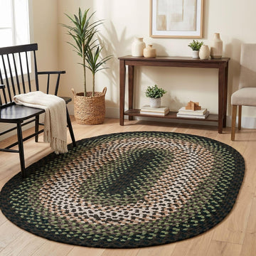 Oval 3' X 5' Green - Ivory Oval Braided Rug for Farmhouse/Primitive Style Spaces