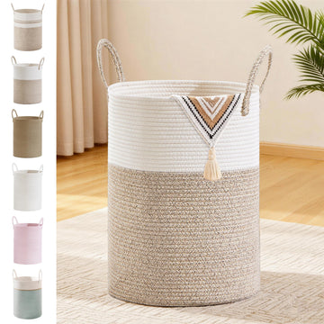 53L Tall Cotton Rope Laundry Basket with Handles, Brown