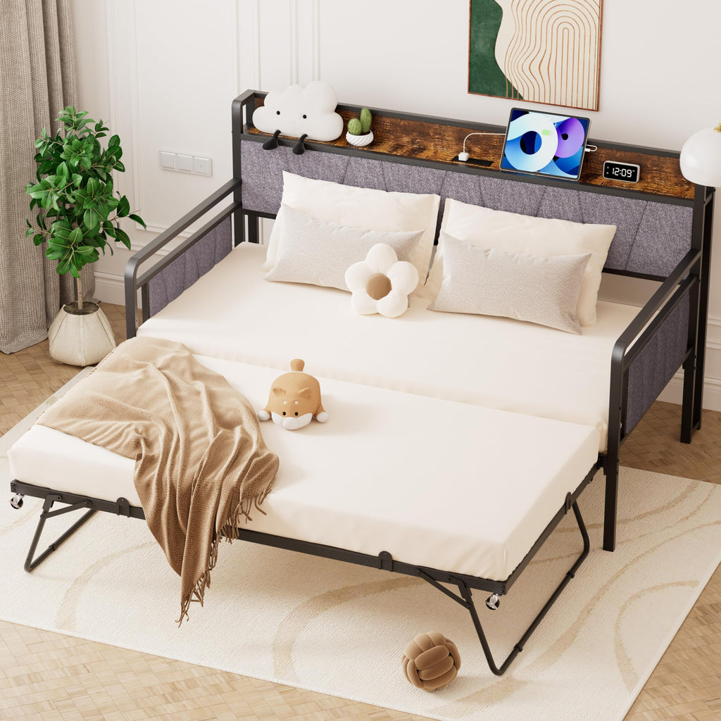 Twin Daybed with Trundle, Modern Twin Size Sofa Day Bed, Sturdy Metal Bed Frame with Upholstered Headboard, Studio