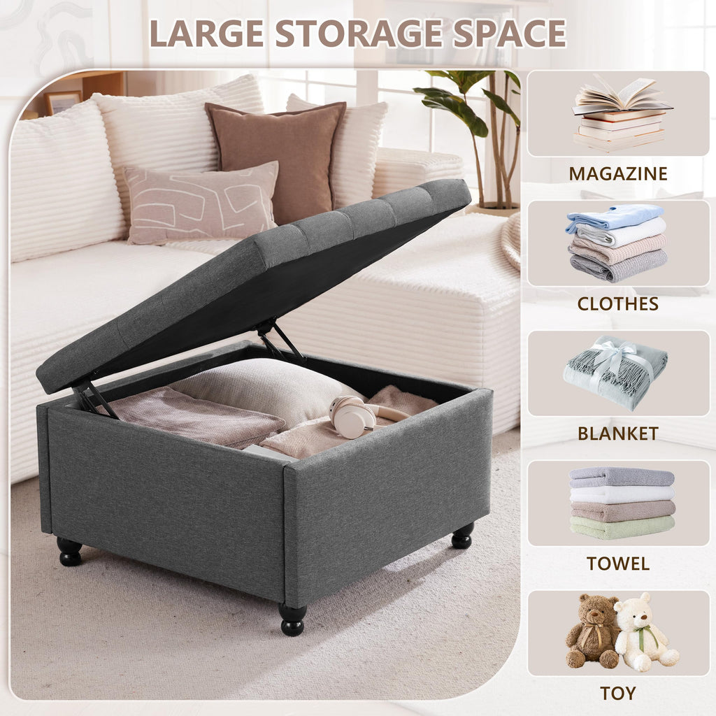 28" Large Square Ottoman with Storage, Fabric Ottoman Coffee Table, Grey