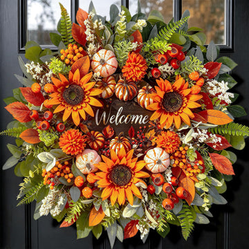 24In Fall Wreaths for Front Door, Welcome Sunflower Pumpkin Autumn Wreath