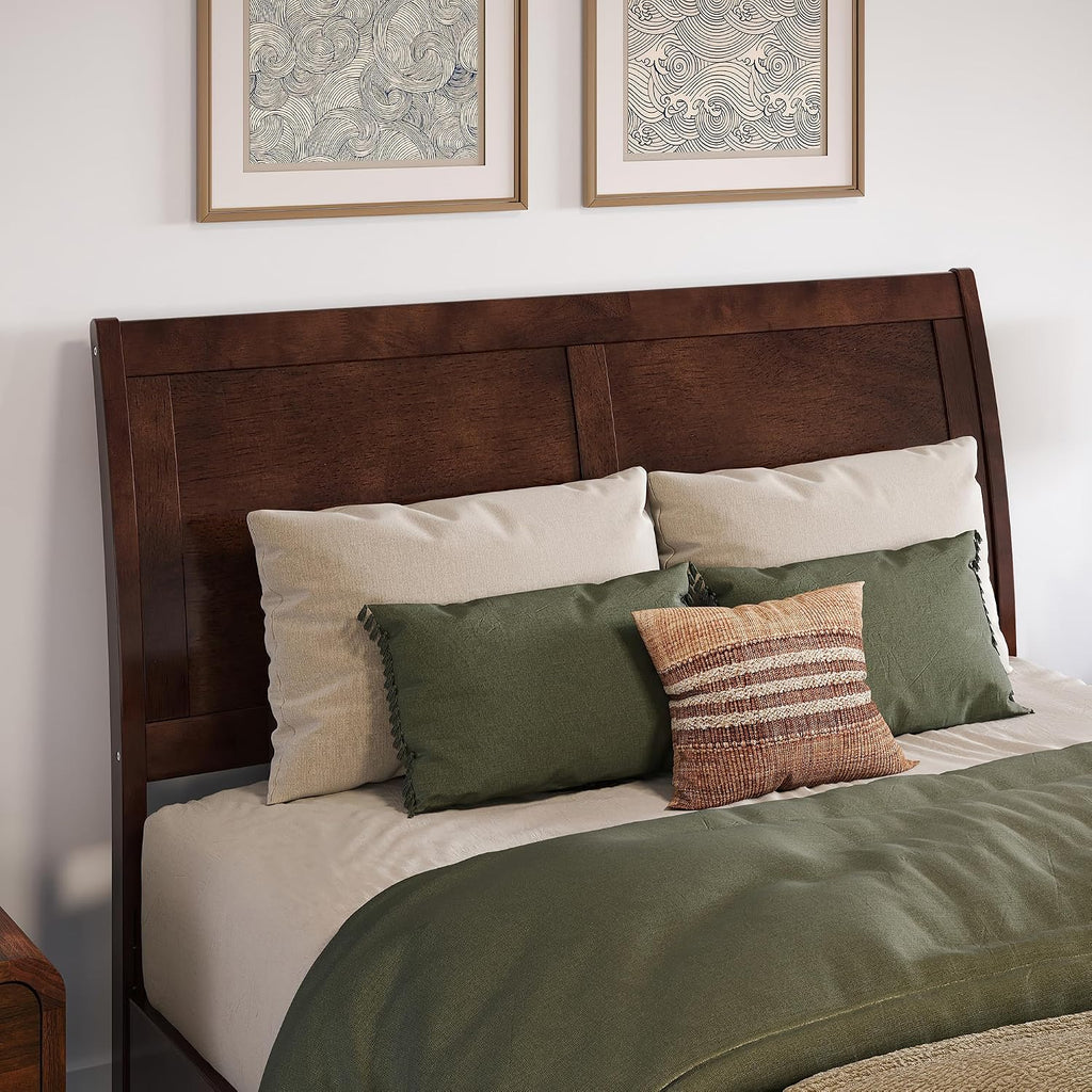 Valencia Full Solid Wood Low Profile Sleigh Platform Bed with Matching Footboard, Walnut