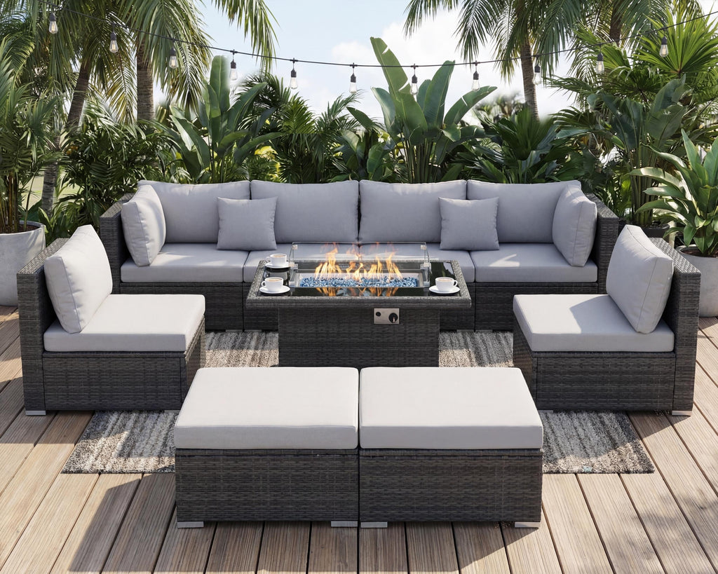 29.3'' High Back Outdoor Patio Conversation Set with Firepit Natural Gas Propane Convertible, Plus Size Modular