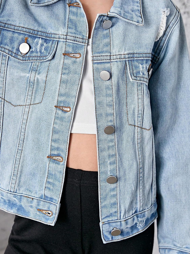 Girl's Jean Jacket Ripped Flap Button Front Collared Denim Jackets
