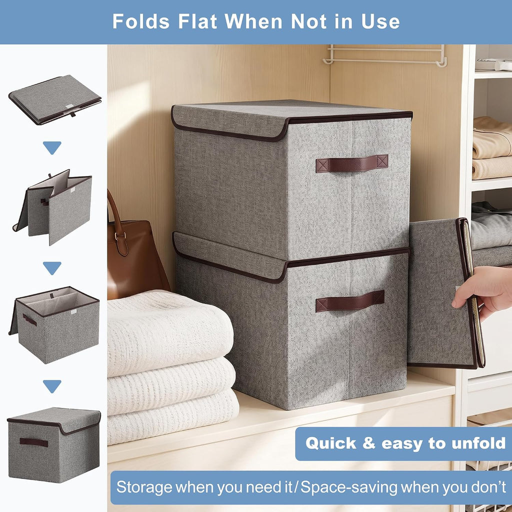 Large 42 Quarts Fabric Storage Bins with Lids [2-Pack] Linen Collapsible Foldable Storage Cubes, Closet Organizer