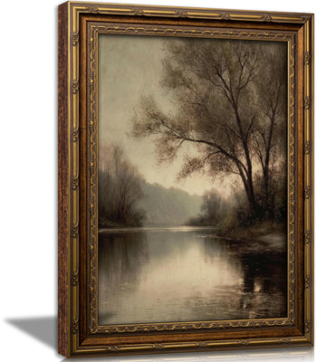 Vintage Gold Framed Landscape Wall Art, River Painting Picture