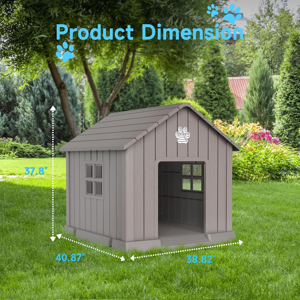 Dog House Outdoor, 38 Inches Weatherproof Resin Dog House Indoor Large with Air Vents & Elevated Floor, Doghouse