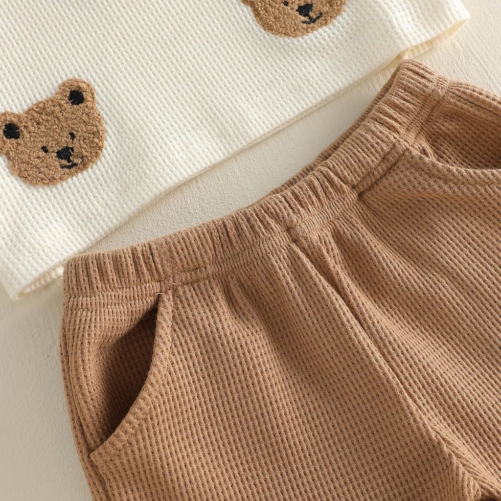 Baby Boy Summer Clothes Bear Embroidery Crew Neck Waffle Short Sleeve Tops Shorts Set 2pcs Toddler Boy Outfits