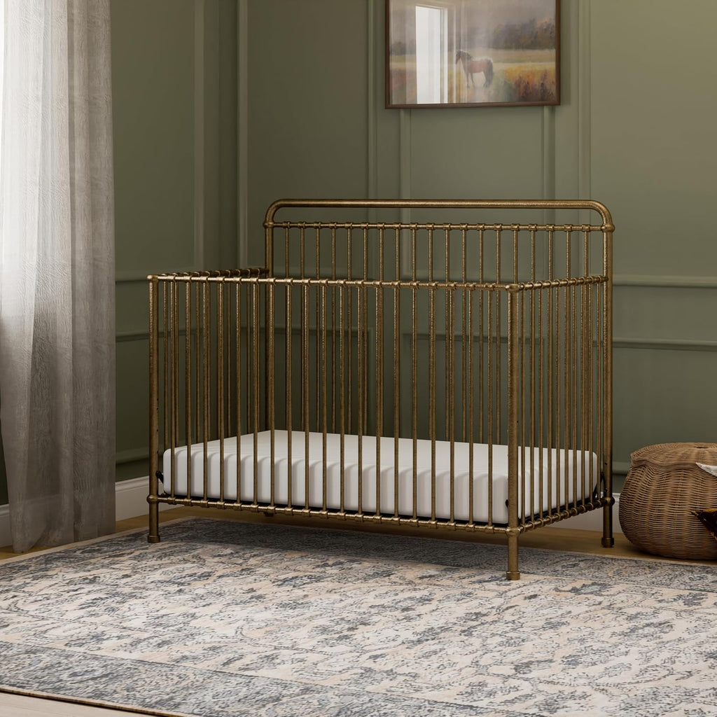 Winston 4-in-1 Convertible Crib w/Wheels Vintage Gold Bedside | GREENGUARD Gold Certified - Portable, Metal Baby Crib