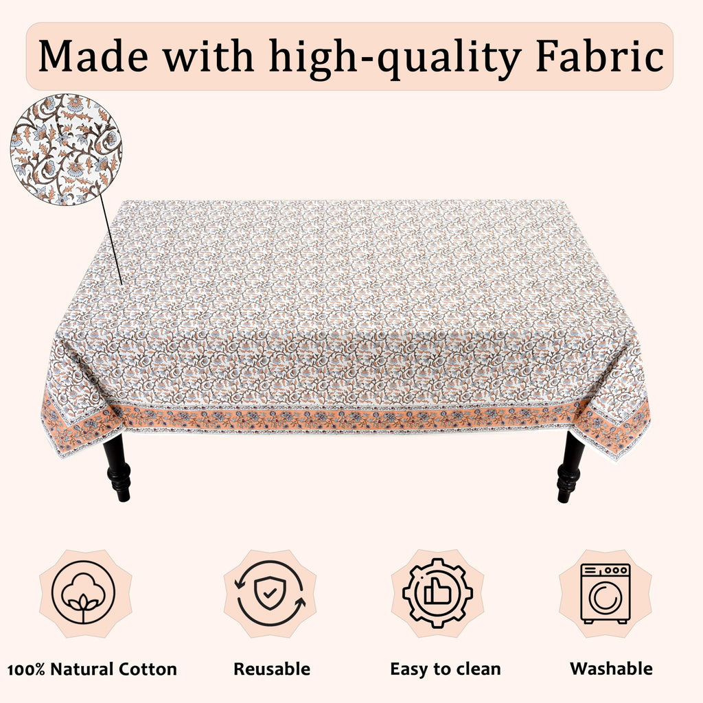 Brown Meadow Vine Hand Block Print Rectangle Tablecloth 108x70 Inch