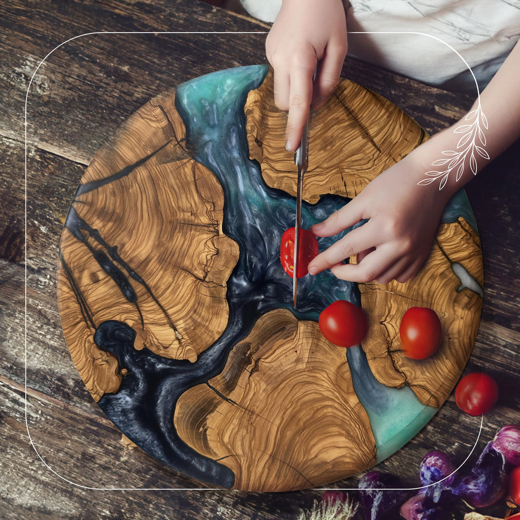 Handmade Olive Wood Round Resin Cheese & Charcuterie Board - Circular Decorative Epoxy Cutting Board with Unique Blue