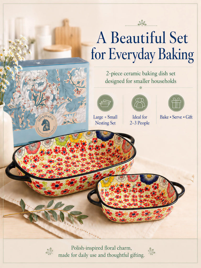 2-Piece Hand-Painted Polish Pottery Style Ceramic Baking Dish Set