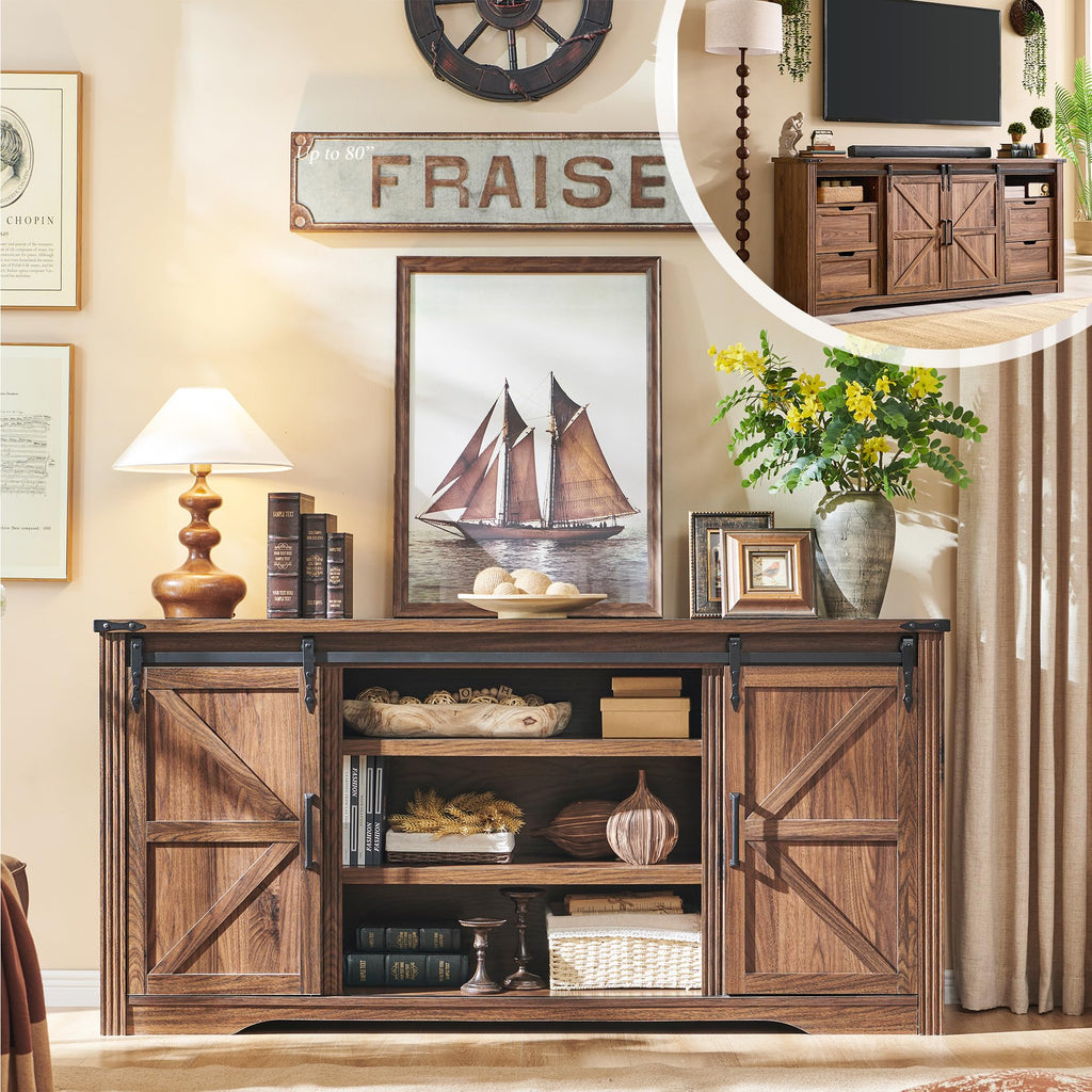Farmhouse 66"TV Stand for 75+ Inch TV, With 4 Drawers & Sliding Barn Door