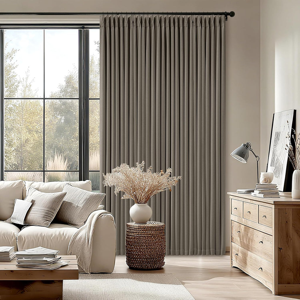 Dark Taupe 96 Inch Blackout Pinch Pleated Curtains 2 Panel Set for Living Room Darkening Thick Linen Textured 100%