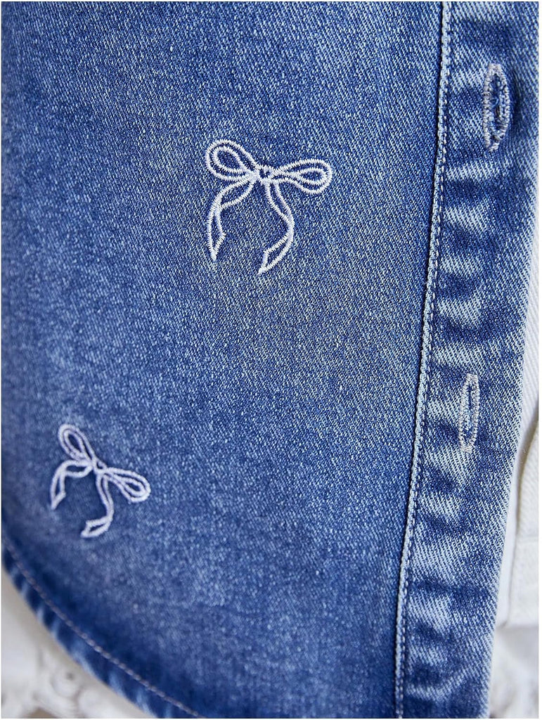 Girl's Bow Embroidered Denim Jackets Button Down Cute Jean Outerwear