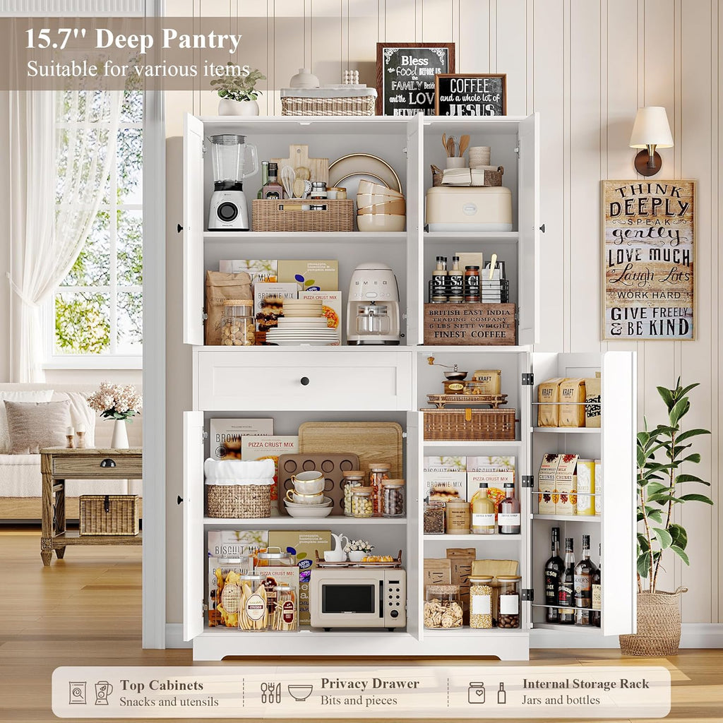 68" Tall Kitchen Pantry Storage Cabinet with Doors & Shelves, White | Large Pantry Cabinet with Door Rack