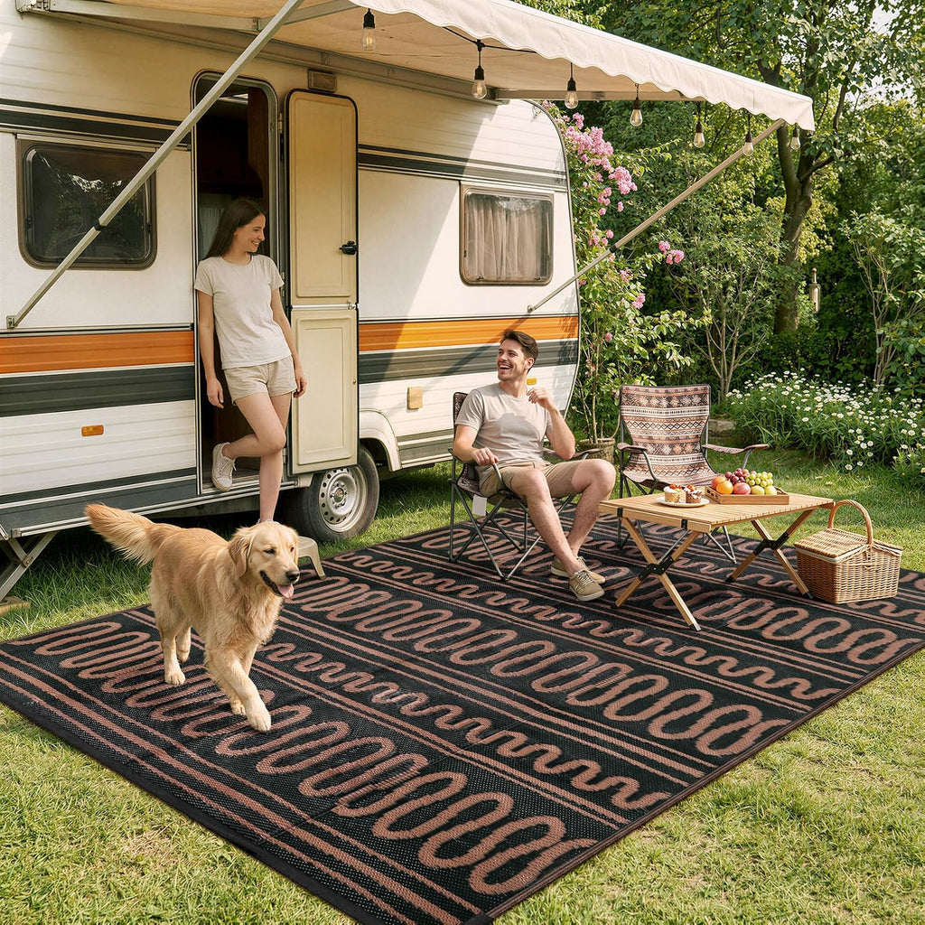 Outdoor Rug Waterproof, Reversible Plastic Straw Rug for Deck, Backyard, RV Camping, Black Brown