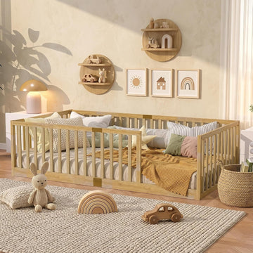 Montessori Floor Bed with High Rails and Slats, Solid Wood Floor Bed Frame with Fence, Low Wooden Kids Beds