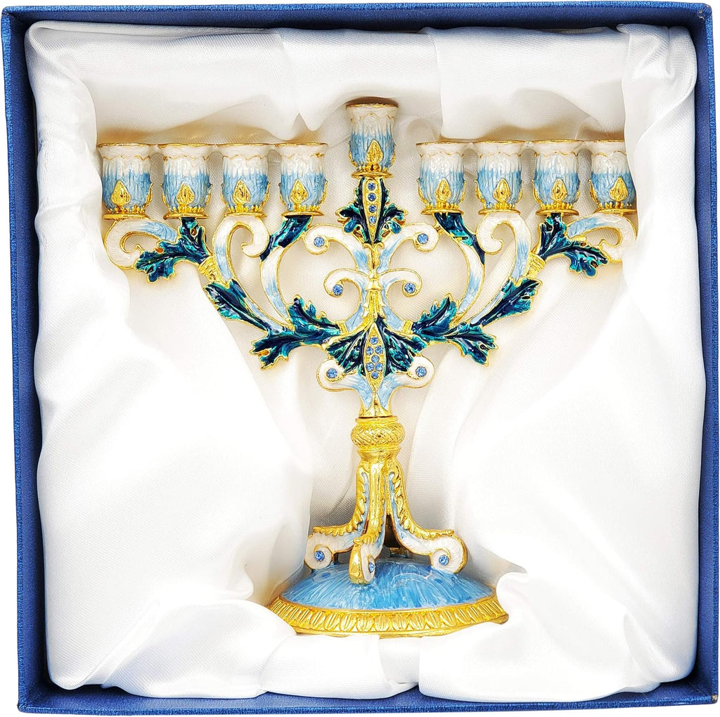 Hand-Painted Enamel Metal with Blue, White, Gold and Green Jeweled Accents, 6" Inches