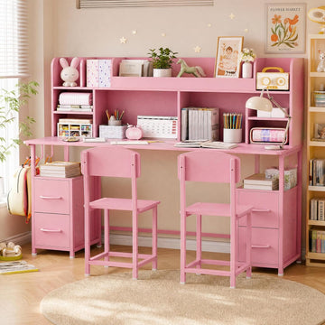 69" Double Kids Desk and Chair Set with Hutch & 4 Storage Drawers