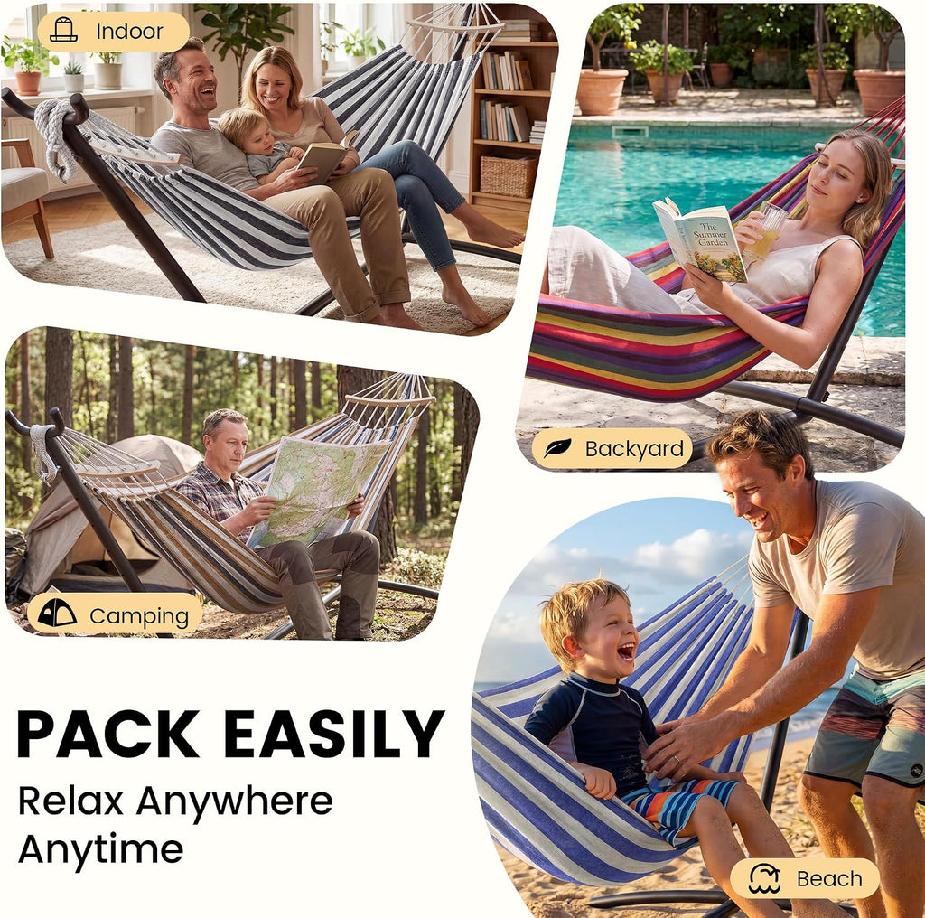 Double Hammock with Stand, 2 Person Heavy Duty Hammock with Steel Stand, 600 lbs Capacity Cotton Hammock for Outdoor