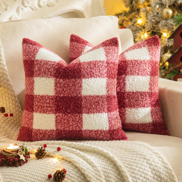 Red White Plaid Christmas Throw Pillow Covers 18x18 Inch - Set of 2
